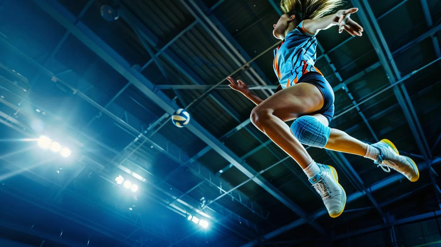 a dynamic action shot captures a volleyball athlete mid-leap, showcasing vibrant knee pads that symbolize confidence and support, illuminated by the bright, focused gym lights to highlight the intensity of the game.