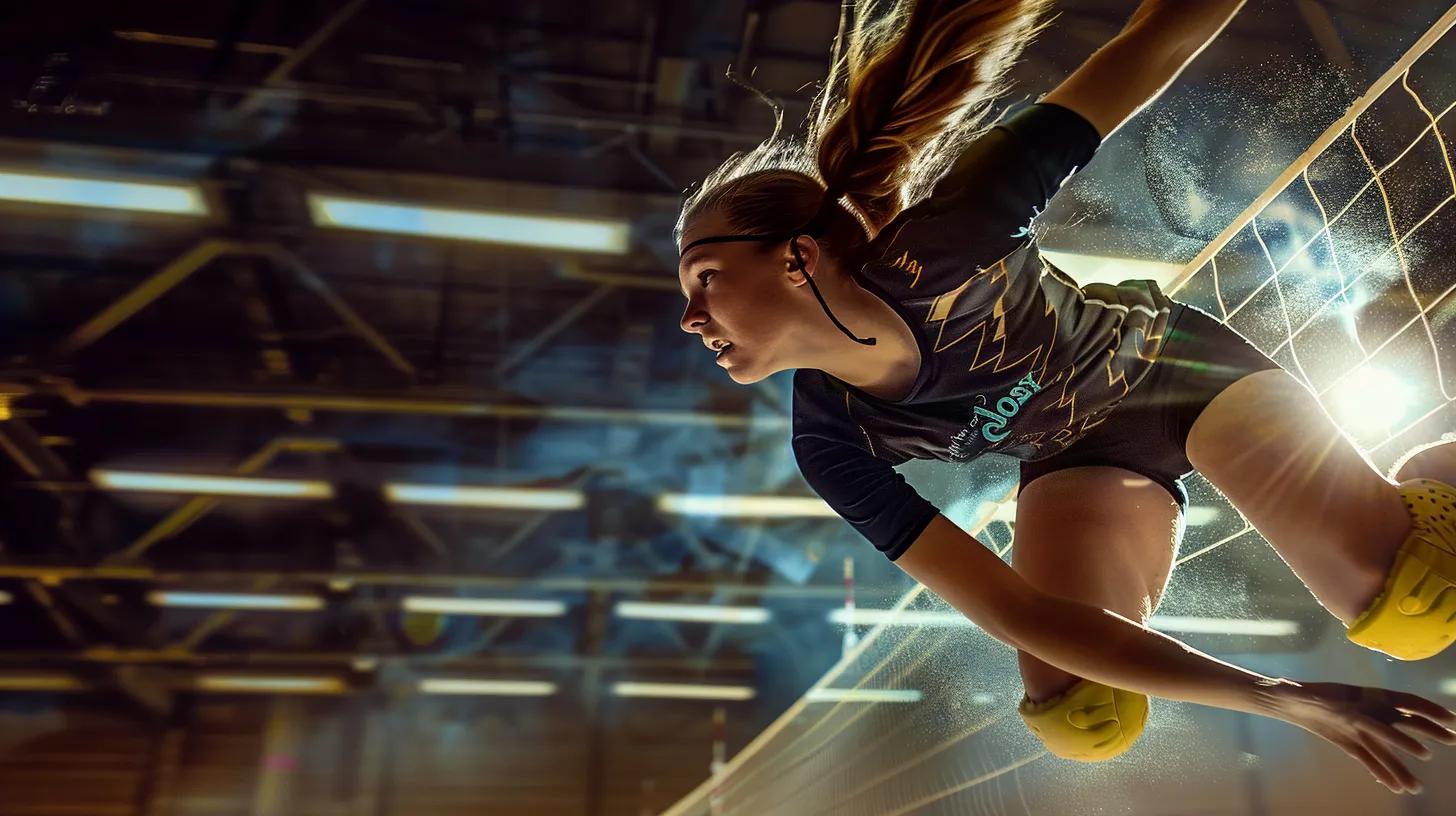 a dynamic action shot of a young volleyball player diving to the court, showcasing vibrant knee pads in mid-air, with intense focus and determination captured in dramatic lighting.