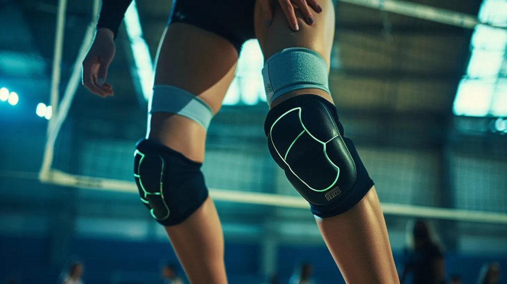 a dynamic close-up of a volleyball player in mid-action, showcasing sleek, high-performance knee pads that emphasize comfort and support, with vibrant indoor lighting highlighting the intensity of the game.