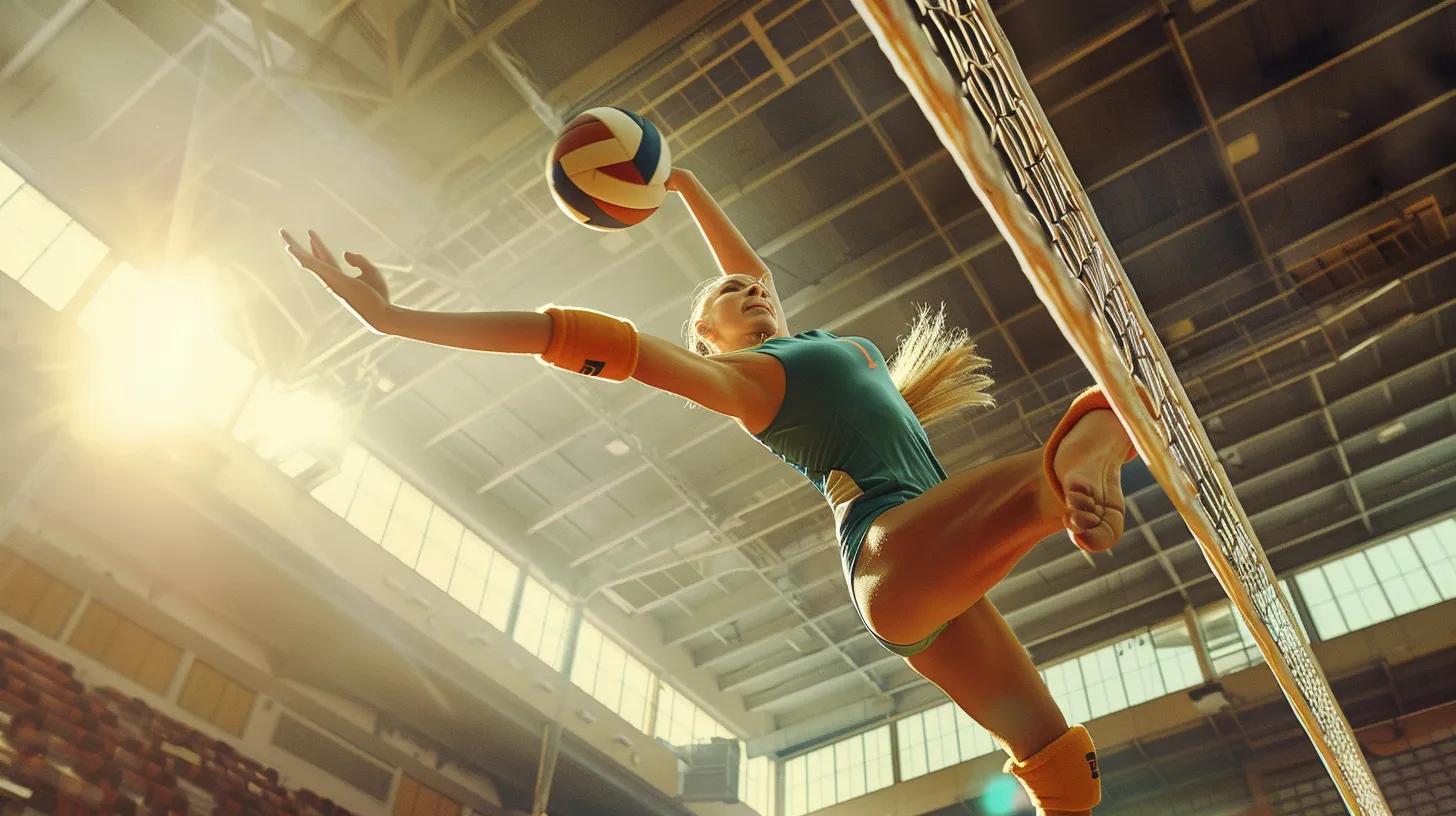 a dynamic, high-energy photo captures a volleyball player in mid-action, showcasing the sleek design and padding of vibrant knee pads as they dive toward the court, with sunlight streaming down to highlight the material's breathability and movement.