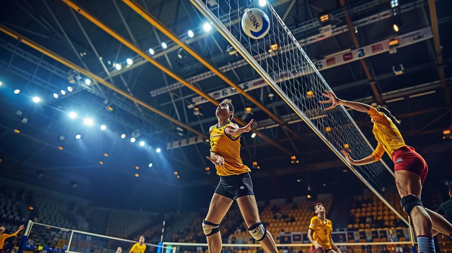 a dynamic shot captures an intense volleyball match, showcasing players in mid-action, highlighted by vibrant colored knee pads that embody the pinnacle of performance and protection.