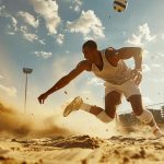 a dynamic shot of a volleyball player diving dramatically on a sandy court, showcasing essential knee pads and capturing the intensity of the game under bright sunlight.