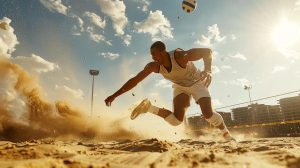 a dynamic shot of a volleyball player diving dramatically on a sandy court, showcasing essential knee pads and capturing the intensity of the game under bright sunlight.