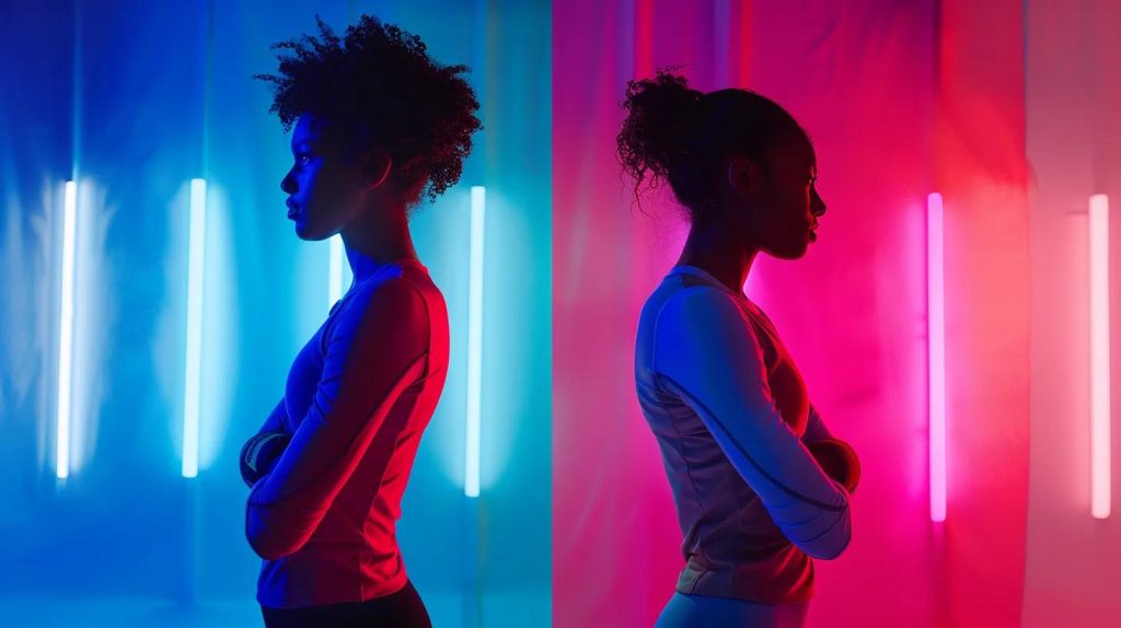 a dynamic split-screen image showcasing vibrant youth volleyball knee pads contrasted against sleek adult models, highlighting their distinct designs, colors, and sizes under dramatic lighting for a striking visual comparison.