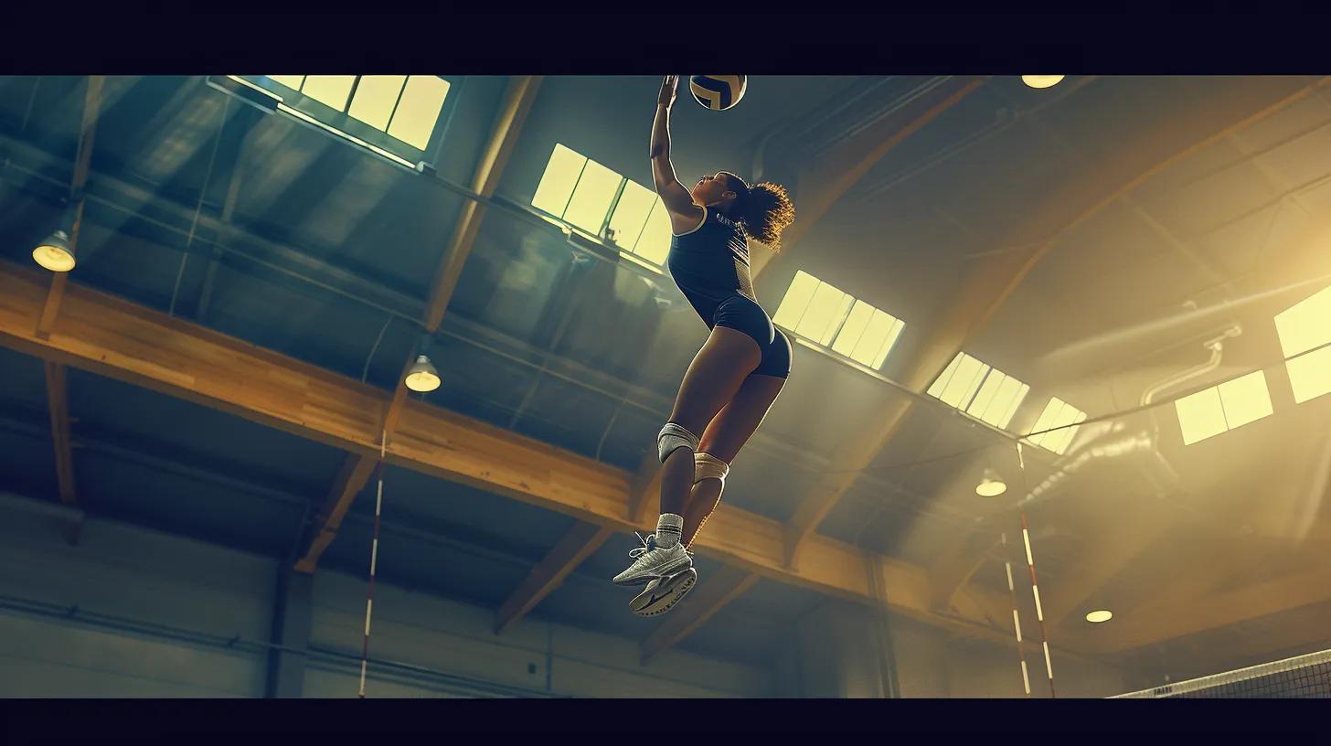 a dynamic volleyball action shot captures an athlete soaring through the air, emphasizing the sleek design and protective features of high-quality knee pads, with vibrant court colors and dramatic lighting highlighting the intensity of the game.