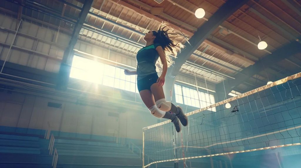 a dynamic volleyball athlete leaps into the air in a vibrant gymnasium, showcasing a pair of sleek, high-performance knee pads that highlight their agility and passion for the sport.