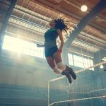 a dynamic volleyball athlete leaps into the air in a vibrant gymnasium, showcasing a pair of sleek, high-performance knee pads that highlight their agility and passion for the sport.