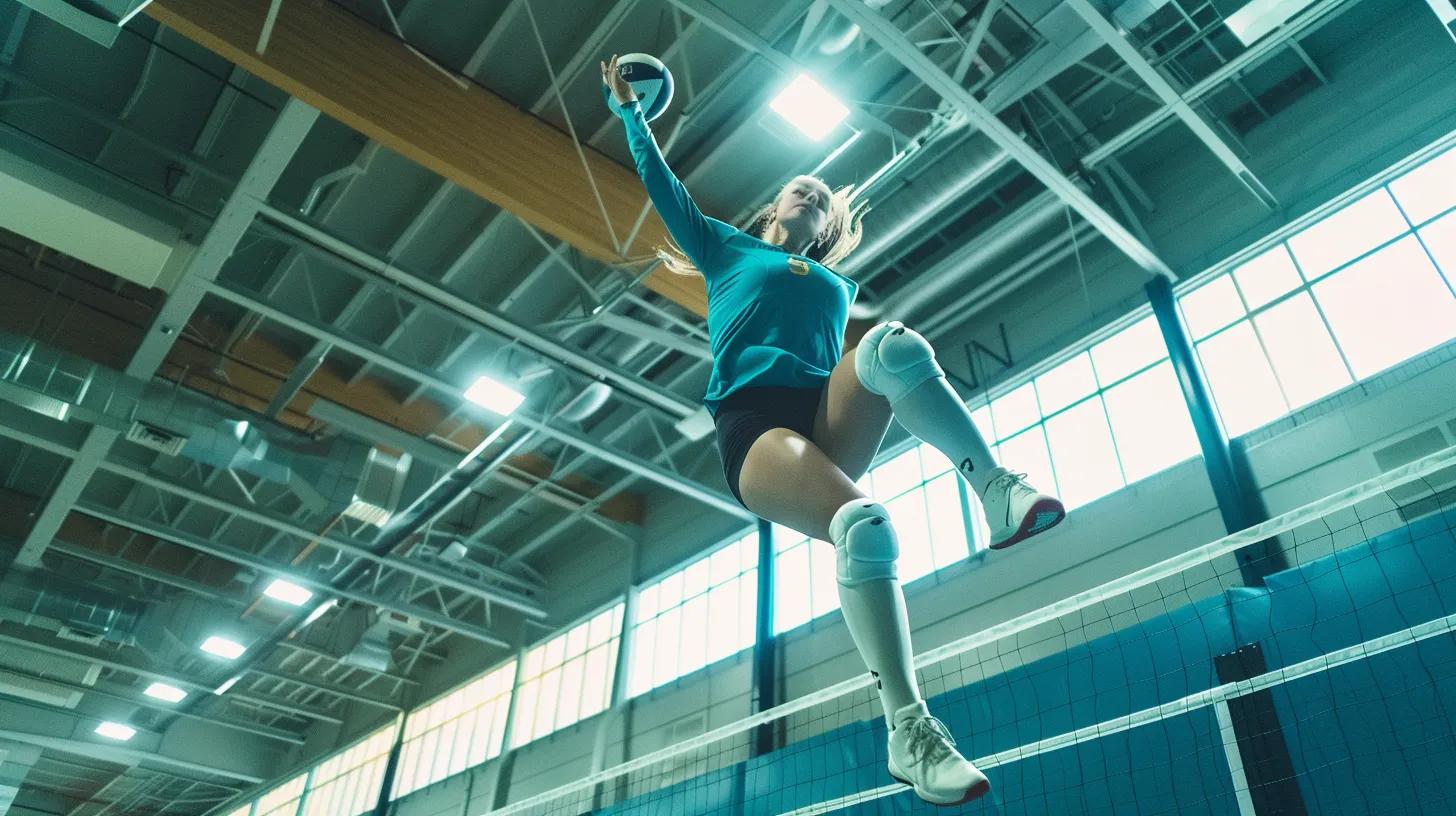 a dynamic volleyball player gracefully leaps to make a powerful spike, showcasing vibrant indoor court colors and focused intensity, while wearing sleek, well-fitted knee pads that highlight both comfort and performance.