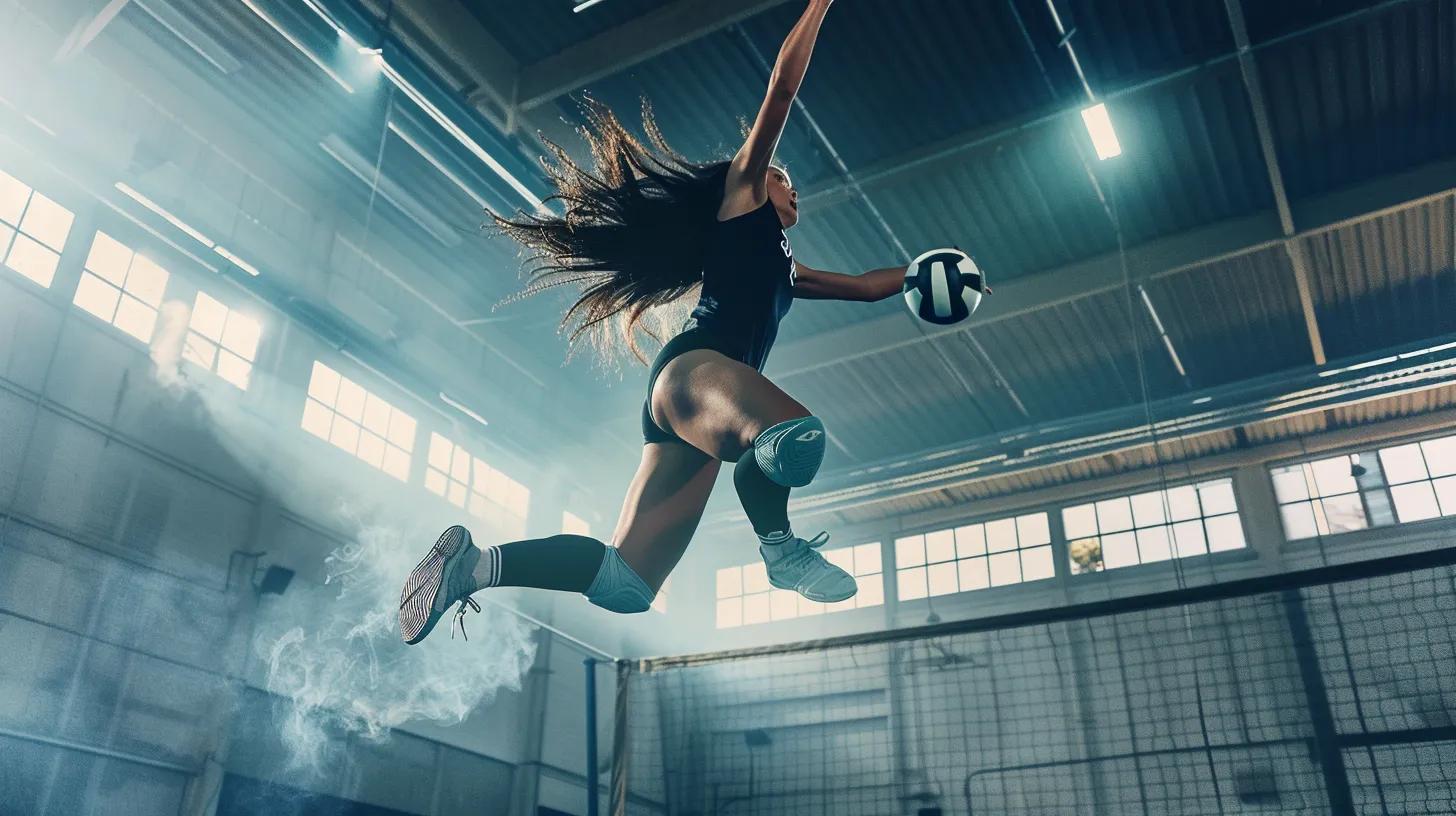 a dynamic volleyball player leaps in mid-air, showcasing sleek, innovative knee pads that blend advanced technology and sustainable design against a vibrant indoor court backdrop.