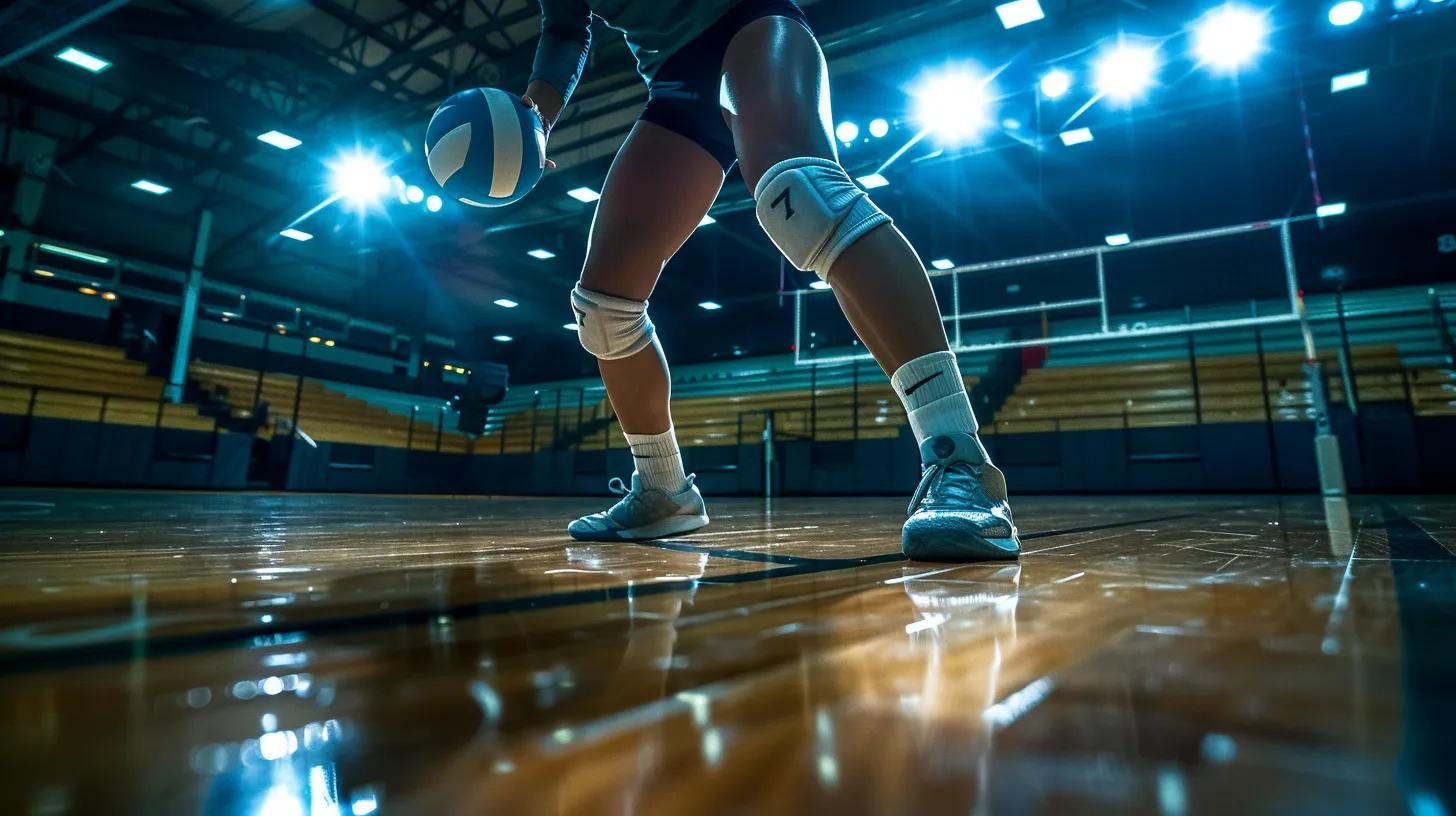 a dynamic volleyball player lunges on a polished wooden court, their knee pads absorbing impact while bright stadium lights illuminate the intensity of the match.