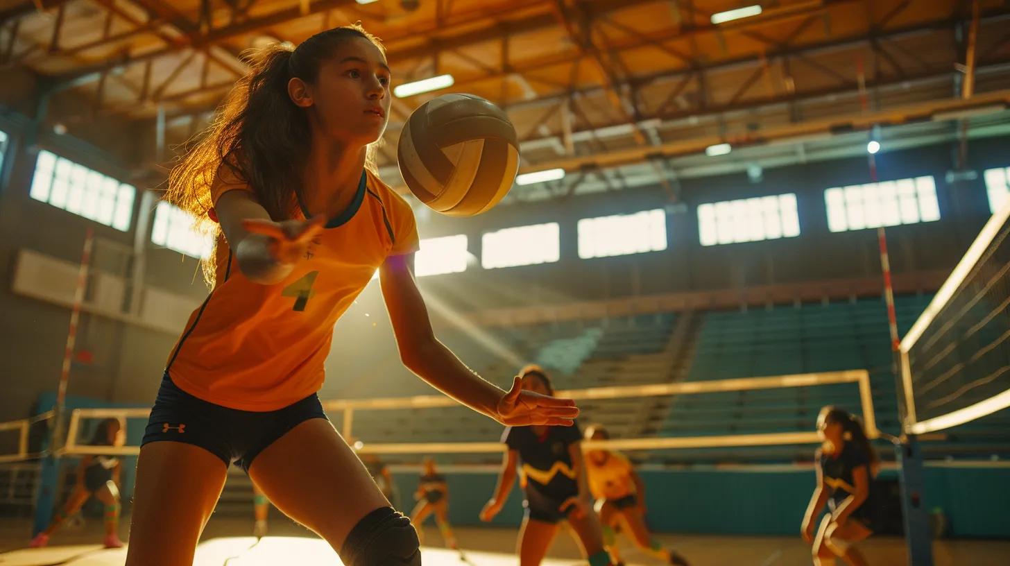 a dynamic volleyball scene captures youth and adult players actively engaged in practice, showcasing their knee pads as essential protective gear, with vibrant colors and sharp focus emphasizing the importance of comfort and durability in athletic performance.