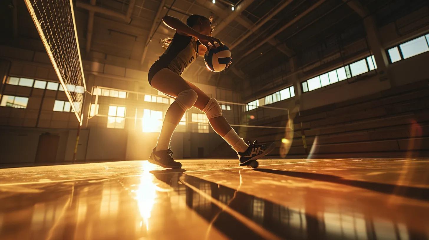 a dynamic volleyball scene captures an athlete diving towards the court, adorned in sleek knee pads, with a dramatic play of light highlighting their intense focus and commitment to safety and performance.