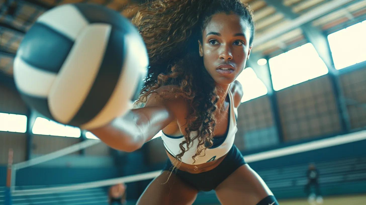 a dynamic volleyball scene captures an athlete in mid-action, wearing sleek, protective knee pads that blend advanced materials and innovative design, highlighting their comfort and breathability against a vibrant gym backdrop.