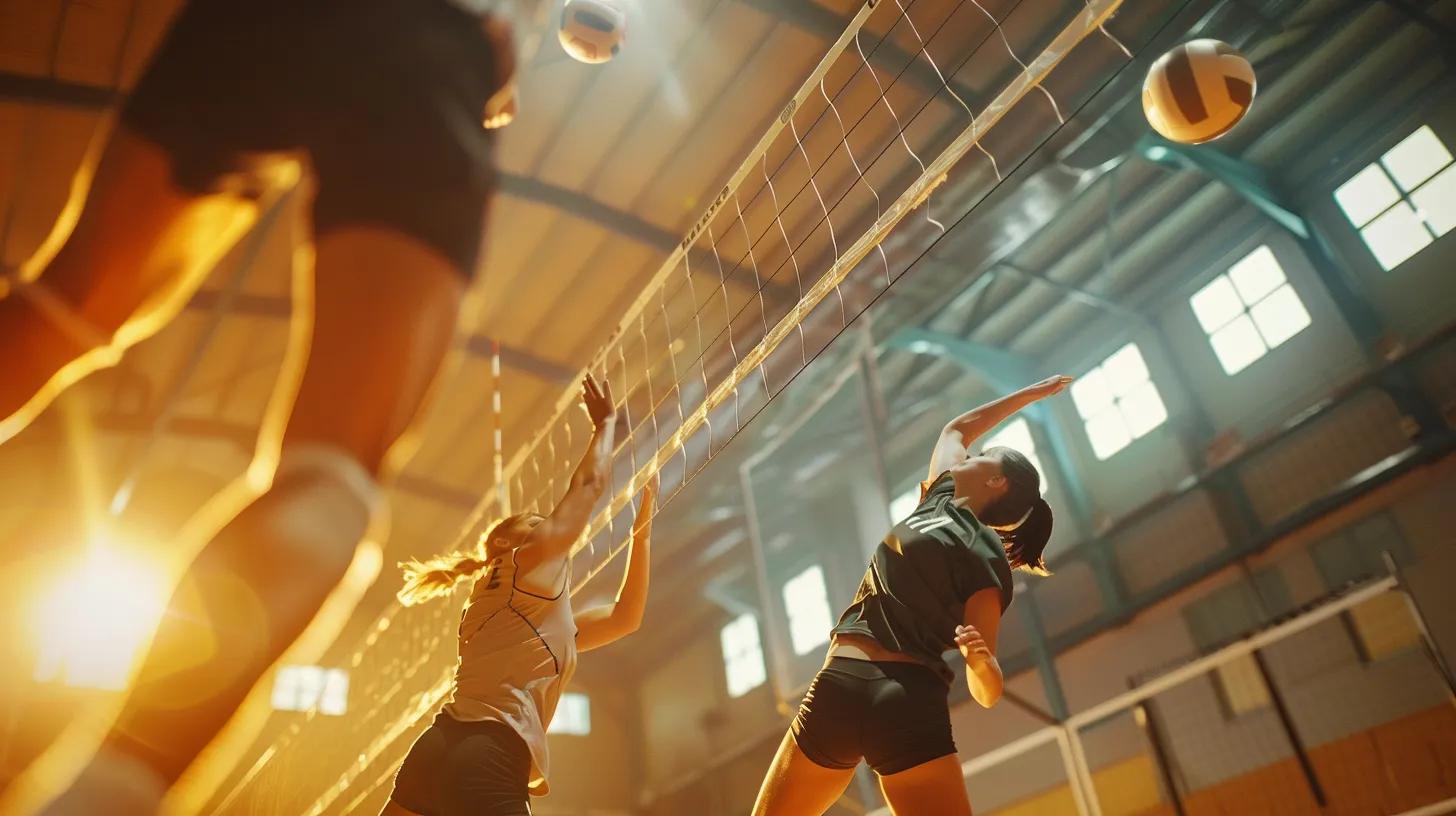 a dynamic volleyball scene captures an intense match with players diving gracefully, showcasing vibrant knee pads that emphasize their protective gear and athleticism against a bright, blurred gymnasium backdrop.