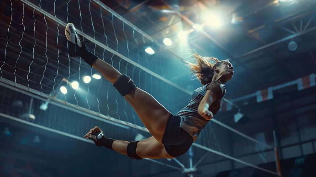 a dynamic volleyball scene showcasing a high-energy player diving gracefully on the court, emphasizing the contrast between sleek, modern knee pads and traditional bulky knee protection, illuminated by bright arena lights to highlight the intensity of the sport.