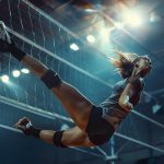 a dynamic volleyball scene showcasing a high-energy player diving gracefully on the court, emphasizing the contrast between sleek, modern knee pads and traditional bulky knee protection, illuminated by bright arena lights to highlight the intensity of the sport.