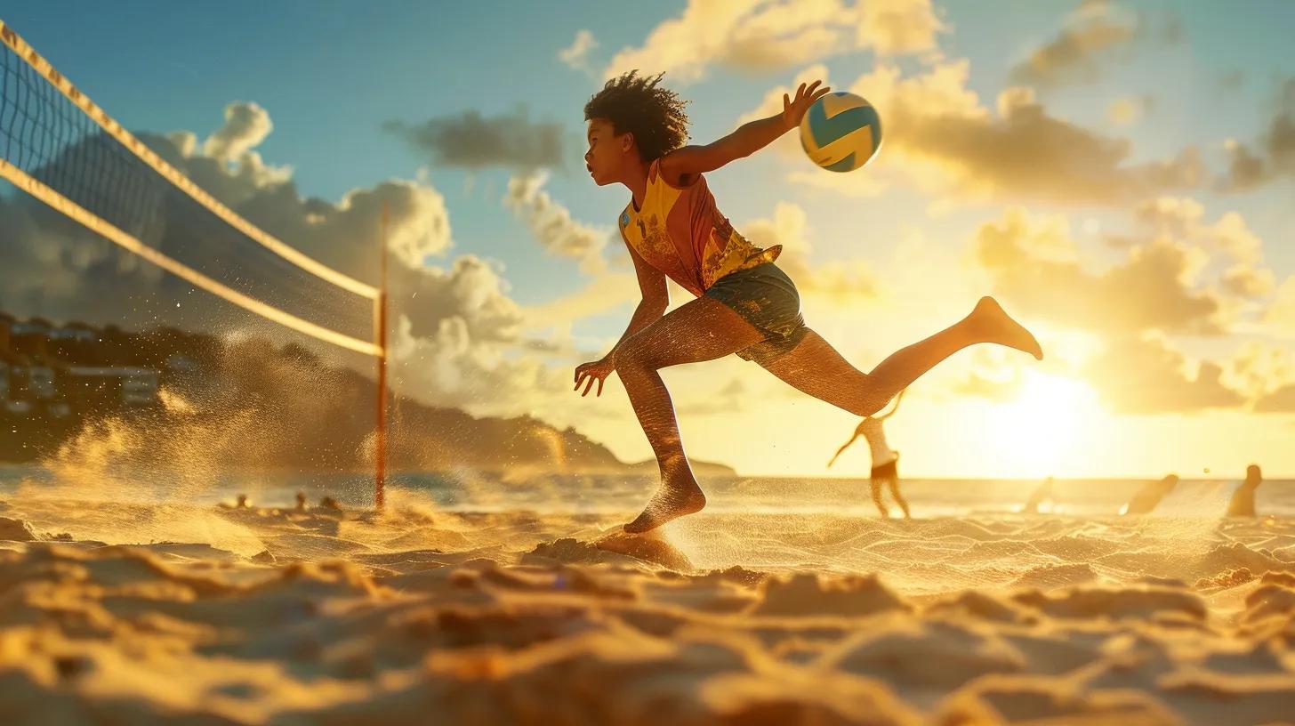 a focused beach volleyball player, in mid-action, confidently leaps to spike the ball while wearing vibrant, protective knee pads, with the sun casting a warm glow on the sandy court and the ocean waves gently lapping in the background.