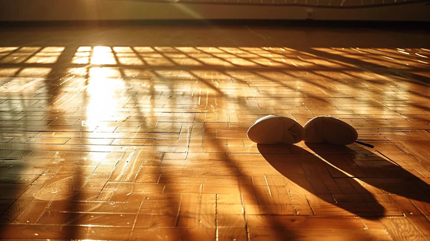 a vibrant volleyball court scene captures a pair of freshly cleaned knee pads lying on the polished wooden floor, illuminated by soft, natural light streaming through a nearby window, symbolizing care and maintenance for optimal athletic performance.