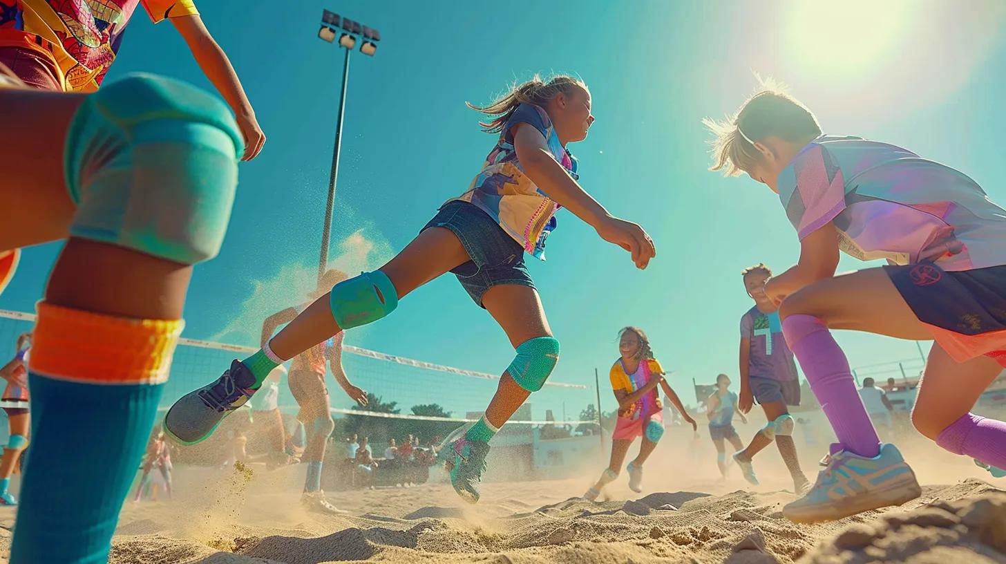 a vibrant youth volleyball scene showcases young players energetically diving on a sandy court, highlighting their colorful knee pads that blend safety, comfort, and style.